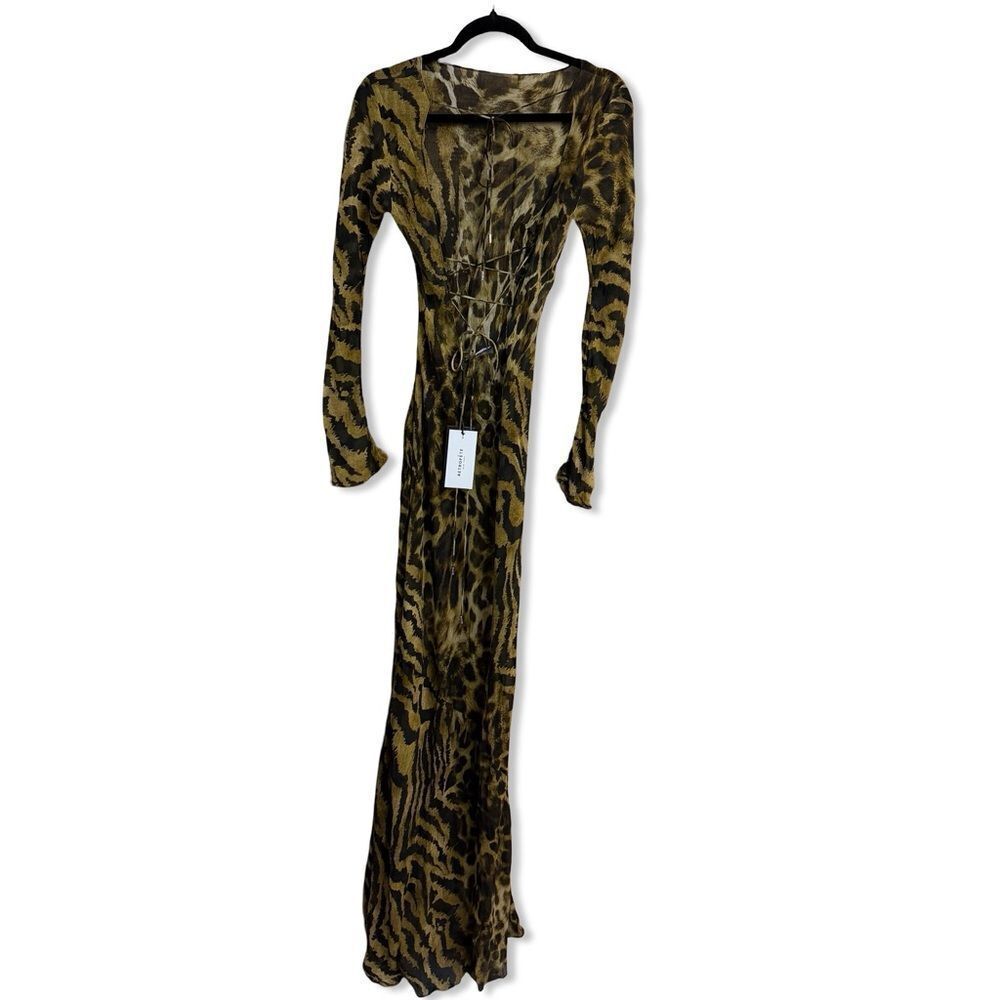 RETROFETE Vienna Dress Animal Print Sheer silk maxi gown lace up FWRD Revolve M - Picture 7 of 14